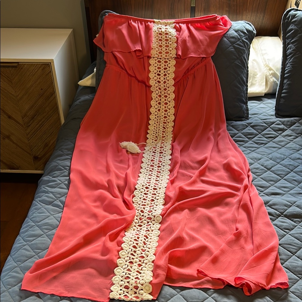 No Boundaries Vibrant Coral strapless dress with cream accents.